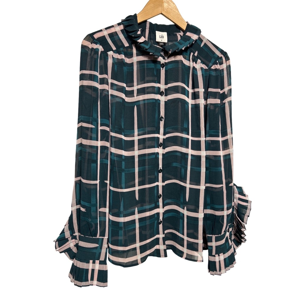 Cabi Highland Blouse Teal Pink Plaid Ruffle Collar Pleated Cuff Sheer Size M EUC